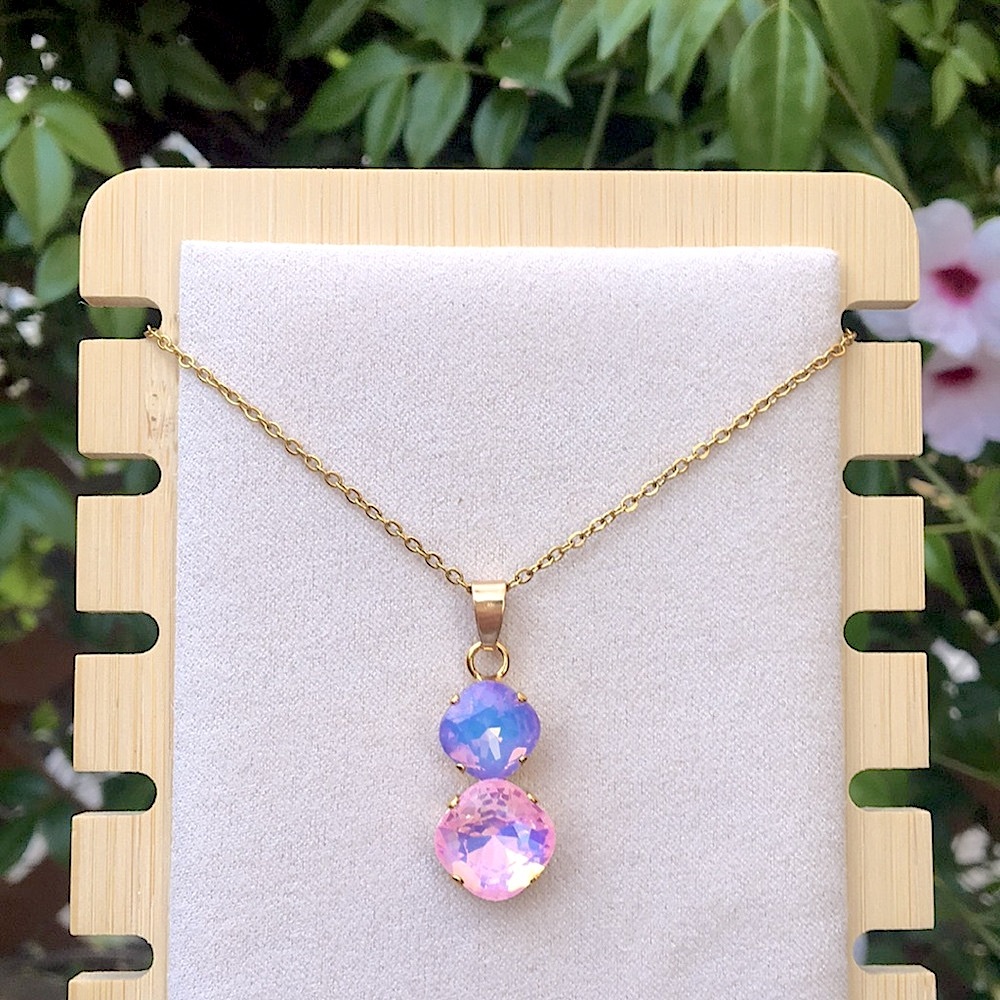 Pink + Periwinkle Purple Blue Opal Aurora Borealis + Gold Drop Pendant Necklace - Picture 12 of 12